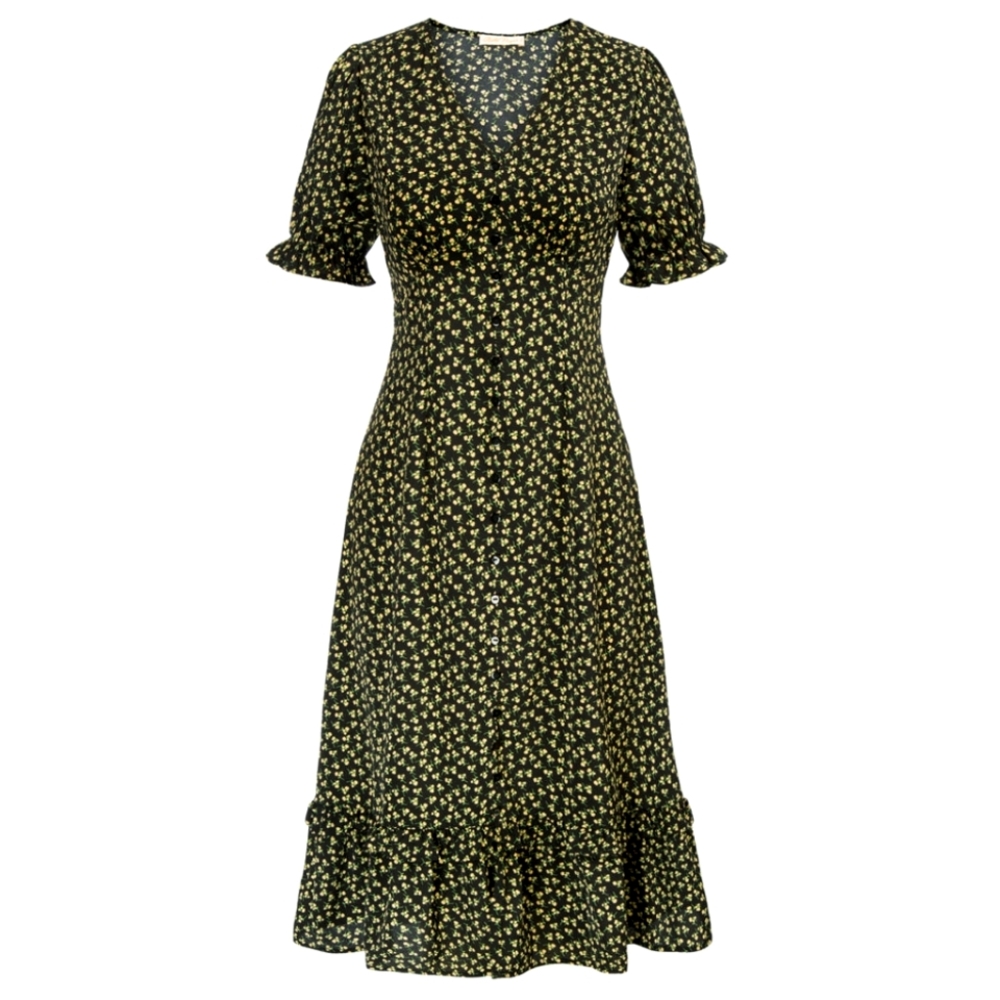 NWT - Belle Poque - Black Floral Pattern V Neck A Line Midi Dress - Size XL